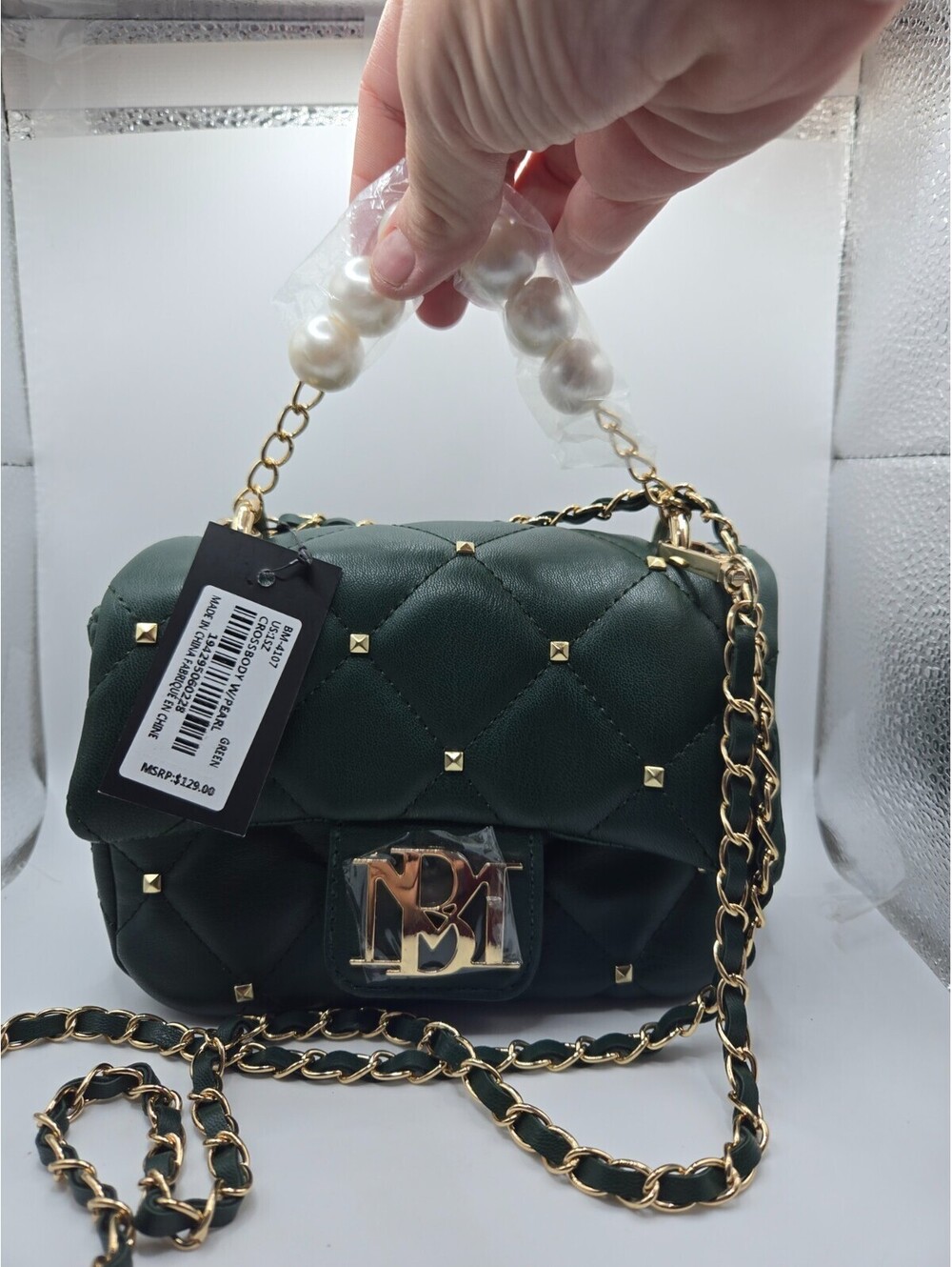 Badgley Mischka Quilted Crossbody Bag Green Gold Studded Pearl Handle NWT New - Picture 5 of 15